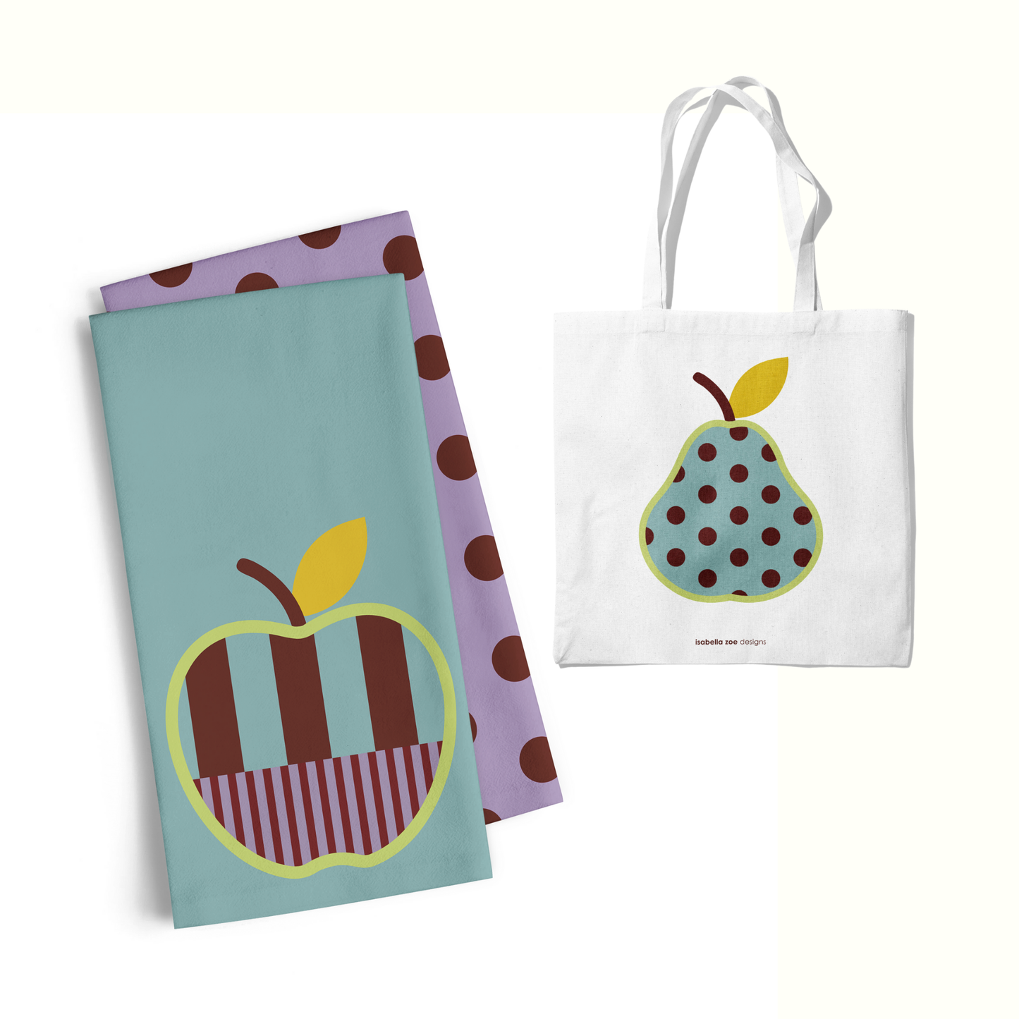 Fruit Print Bundle - Apple Tea Towel Set and The Pear Tote Bag